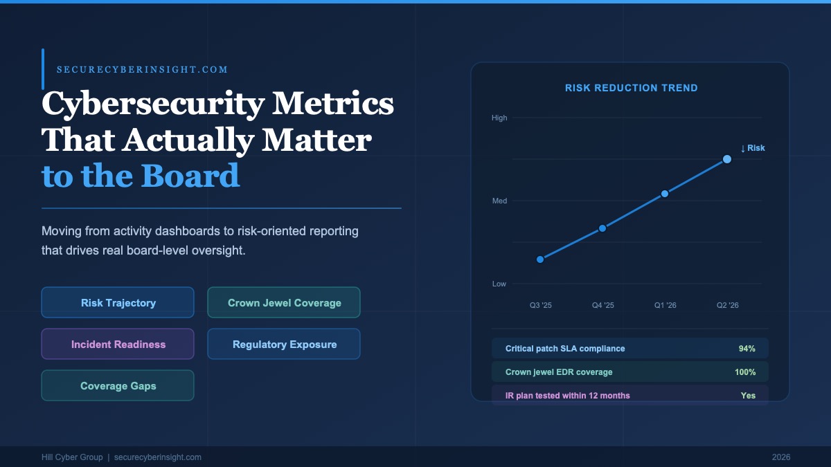 Editorial graphic illustrating cybersecurity metrics for board-level reporting including risk reduction trends, crown jewel coverage, and incident readiness indicators