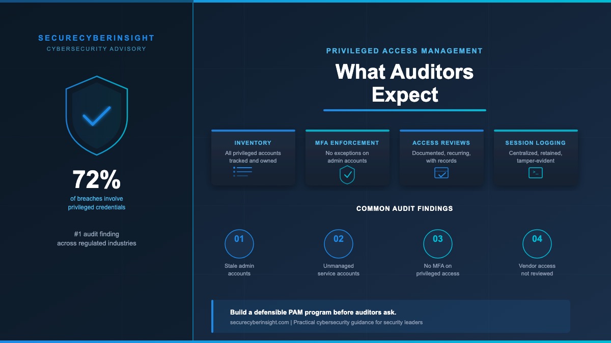 Editorial graphic representing privileged access management audit requirements including account inventory, least privilege, MFA, session logging, and access reviews
