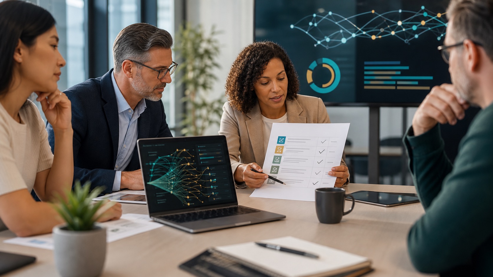 Editorial graphic representing an AI governance checklist for SMBs with data protection, tool approval, vendor risk, and human review controls.
