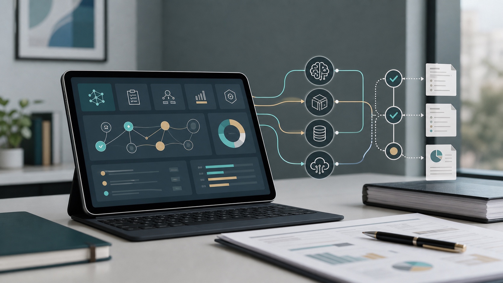 Editorial graphic representing vendor AI risk management for SMBs with third-party AI review, data protection, contract review, and human oversight controls.