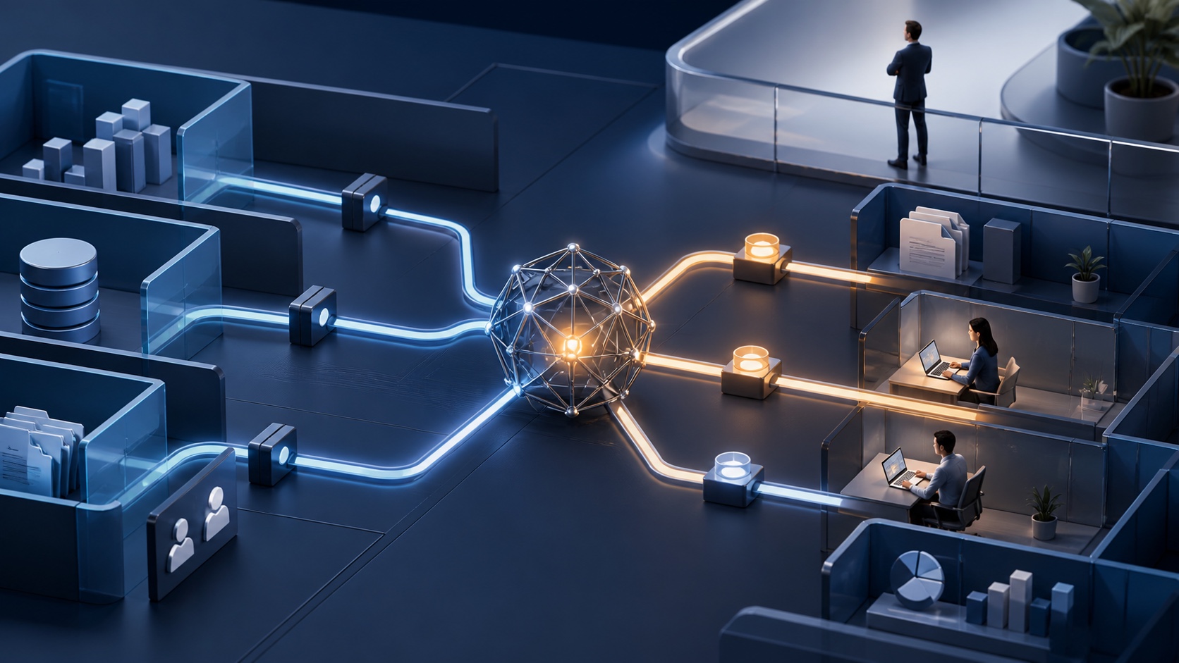 Editorial graphic representing AI agent access controls for SMBs with identity ownership, least privilege, approval checkpoints, logging, testing, and revocation controls.