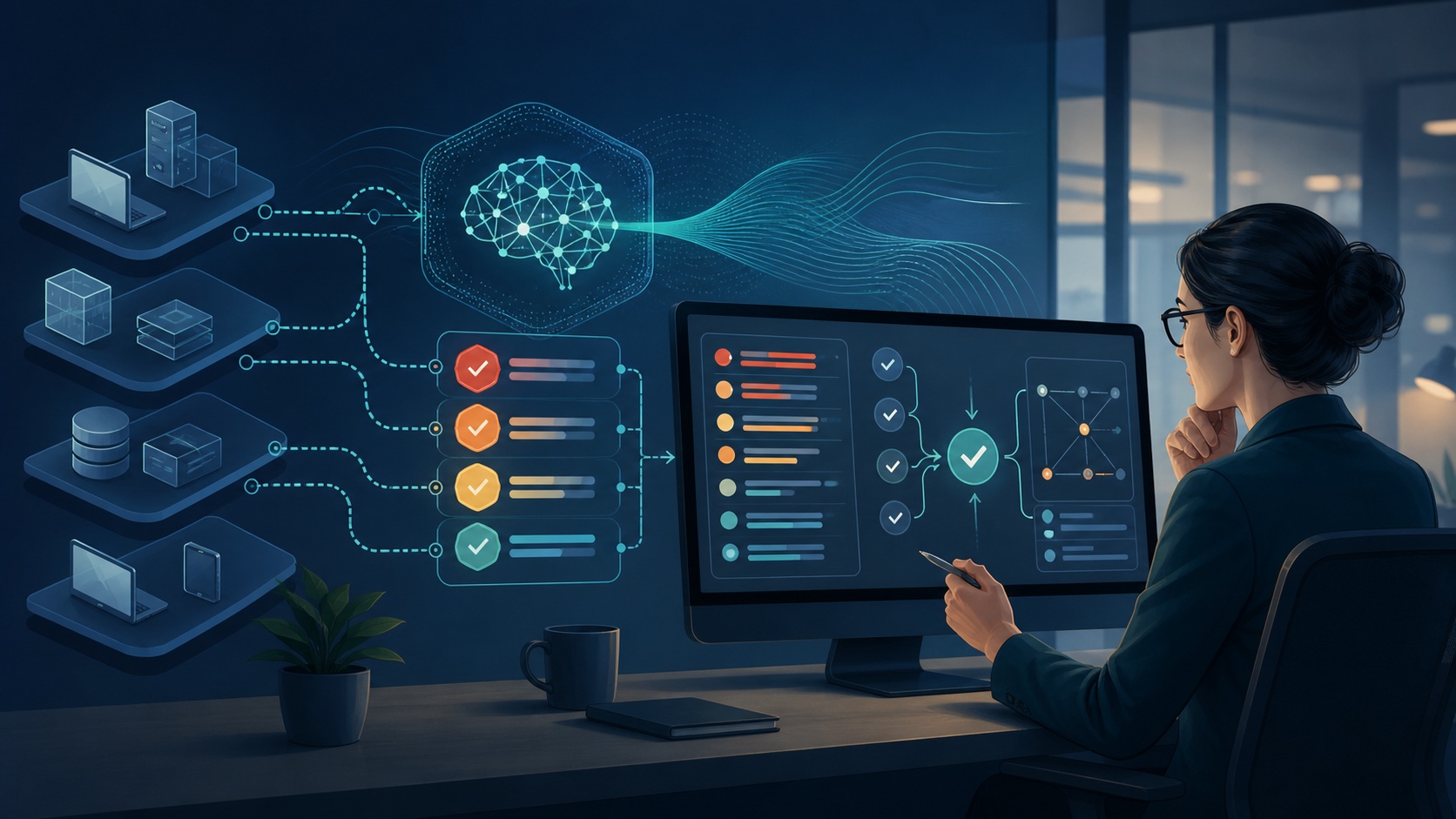Editorial graphic illustrating AI-assisted vulnerability management for SMBs with prioritization, validation, human approval, remediation, and measurement controls.