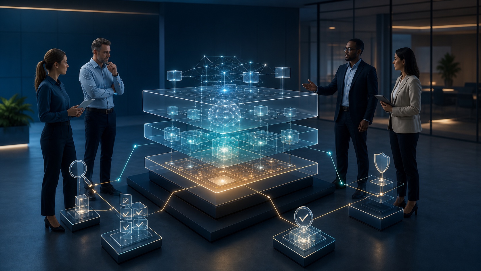 Editorial graphic illustrating an AI assurance record connecting governance, vendor evidence, data flows, testing, human review, and ongoing monitoring.