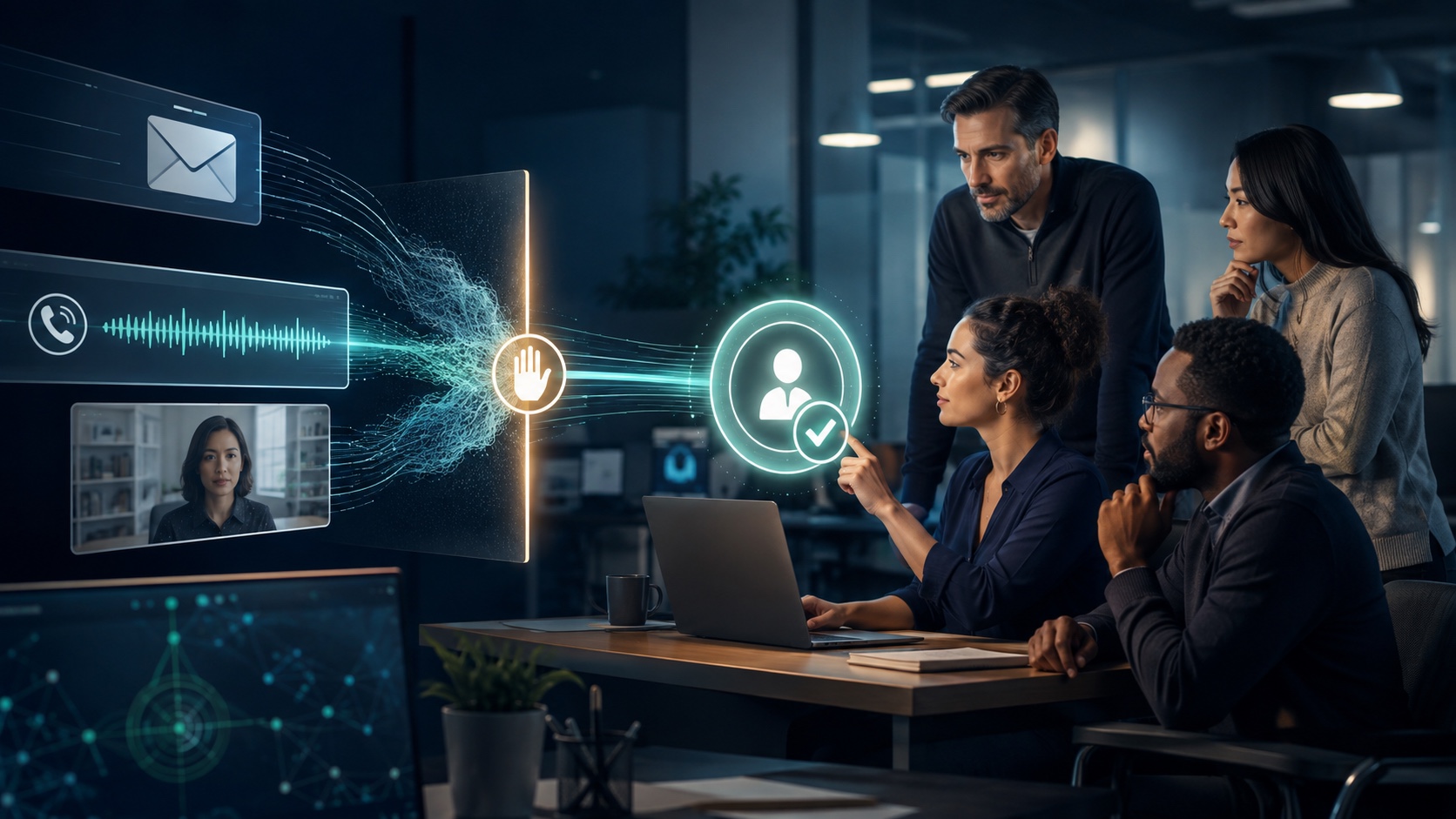 Editorial illustration of a small-business team stopping synthetic email, phone, and video signals at a trusted human verification checkpoint.