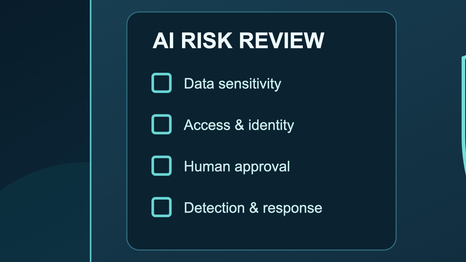 Editorial illustration of an AI cybersecurity risk review checklist and protected system.